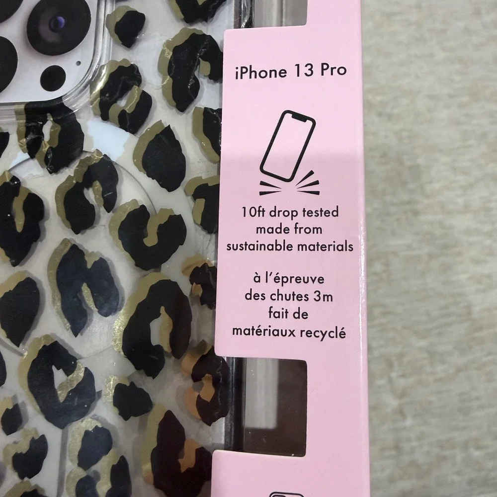 Kate‎ Spade iPhone 13 Pro Case MagSafe Leopard Print Gold Foil Hardshell New